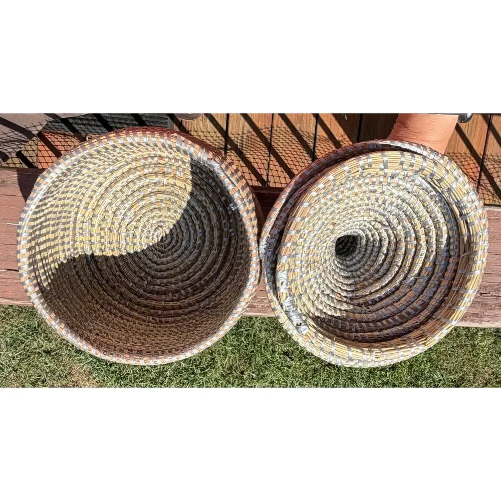 Vintage Style African Style Coiled Woven Basket w/ Lid Boho Decor Storage 10.5